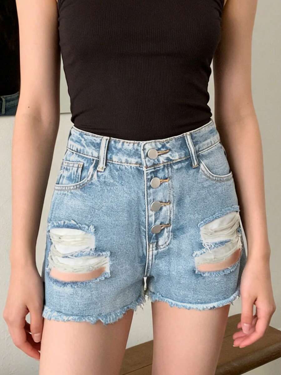 Shorts Denim Frayed - Womens Mid-Rise Distressed Frayed Denim Shorts
