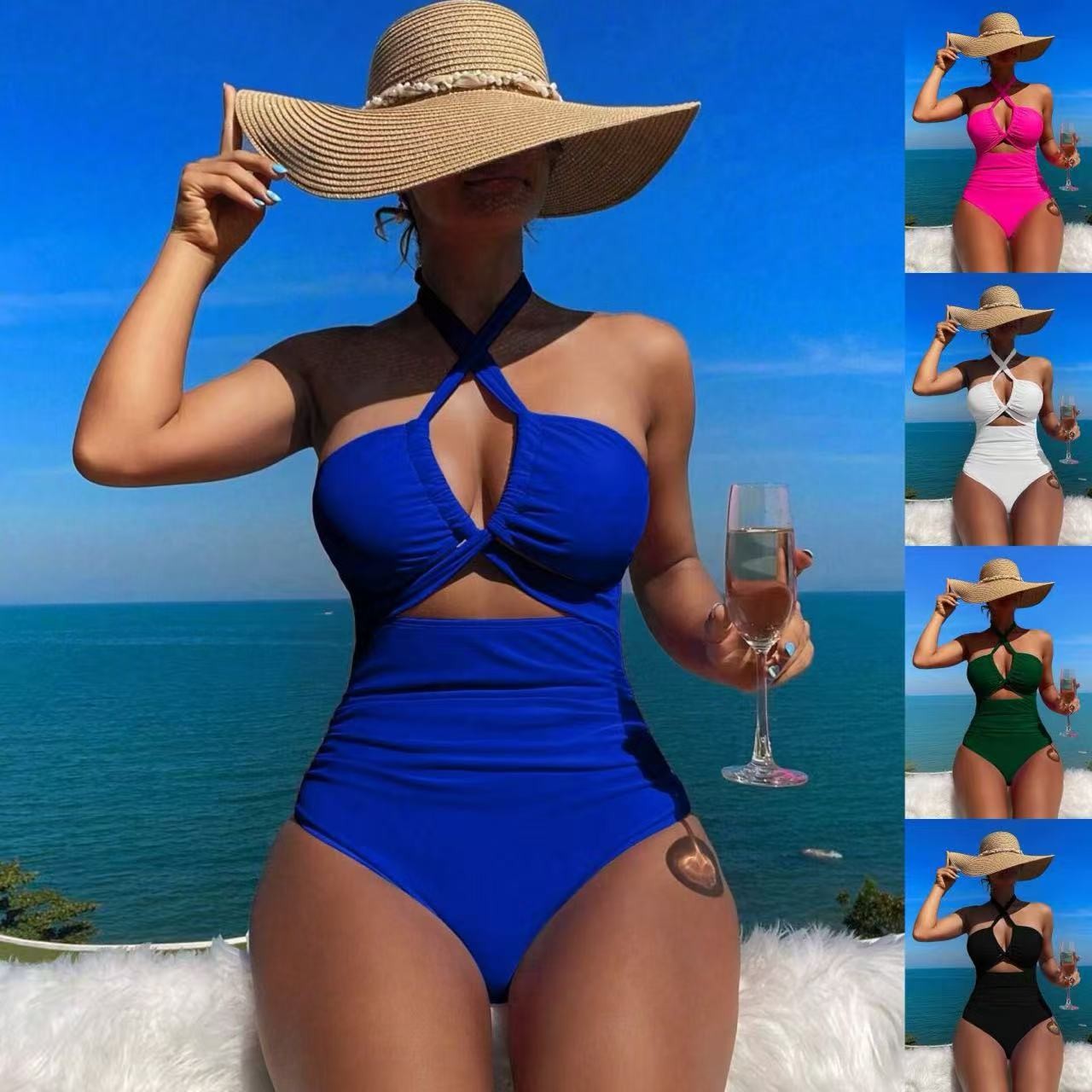 Swimsuit Bikini Ruched - Women Swimsuit Halter Neck Solid Swimsuit