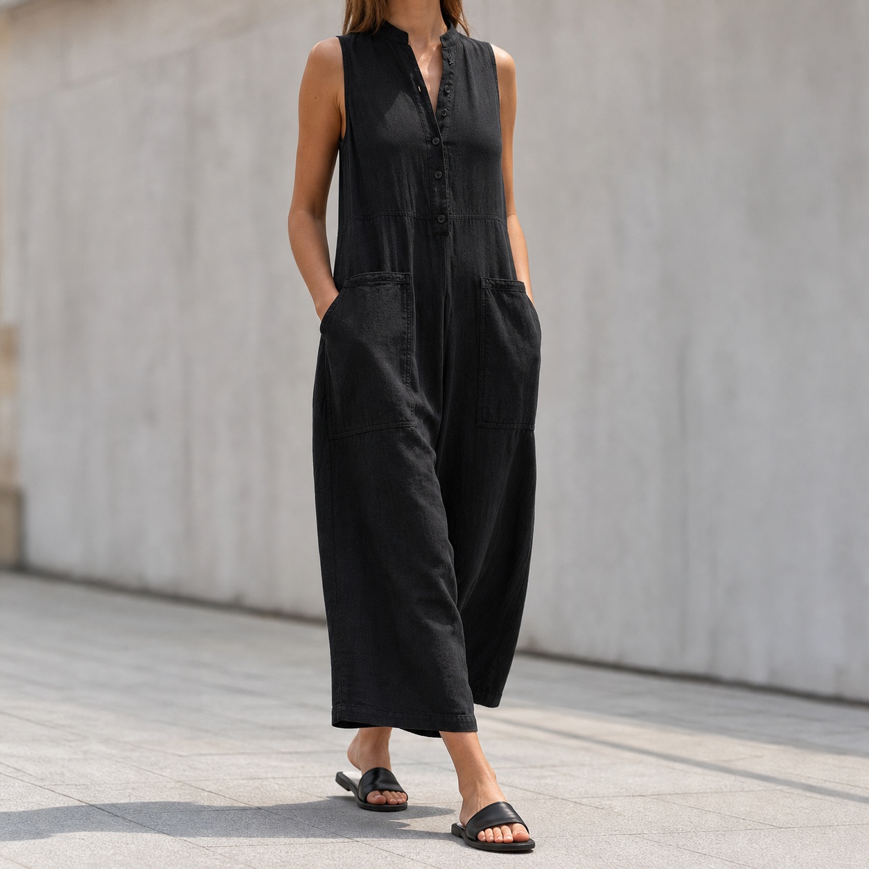 Jumpsuit Linen Relaxed - Women's And Woman Sleeveless Mandarin Collar
