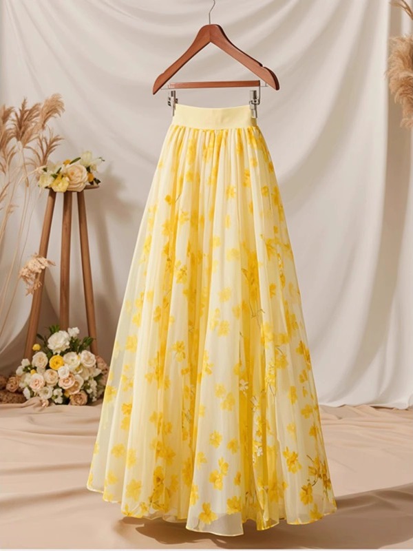 Midi Skirt Floral - Summer 2026 High Waist Yellow A-Line