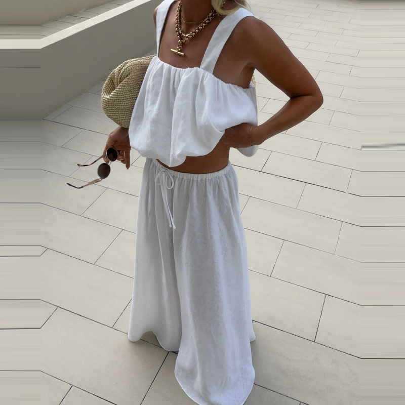 Linen Pant Wide - Women Elegant Sleeveless Solid Loose 2Pc