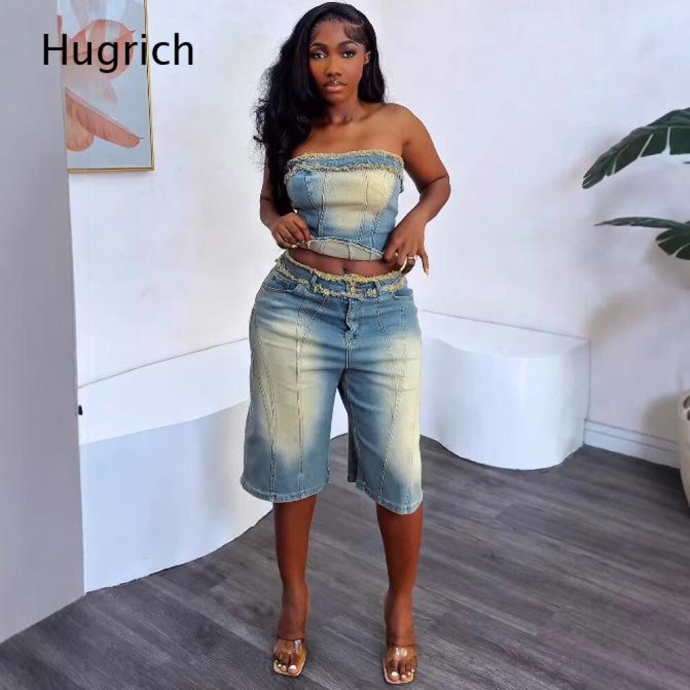 Shorts Denim Frayed - Ladies Washed Strapless Crop Top Outfit