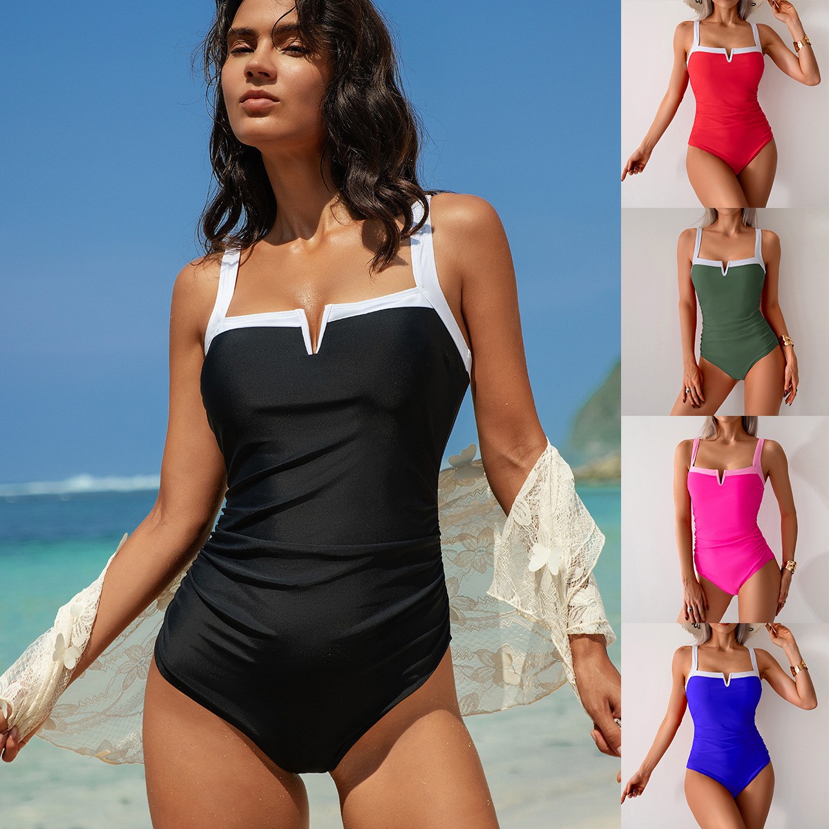 Swimsuit Bikini Ruched - Black Swimsuit V Neck Red Bikini