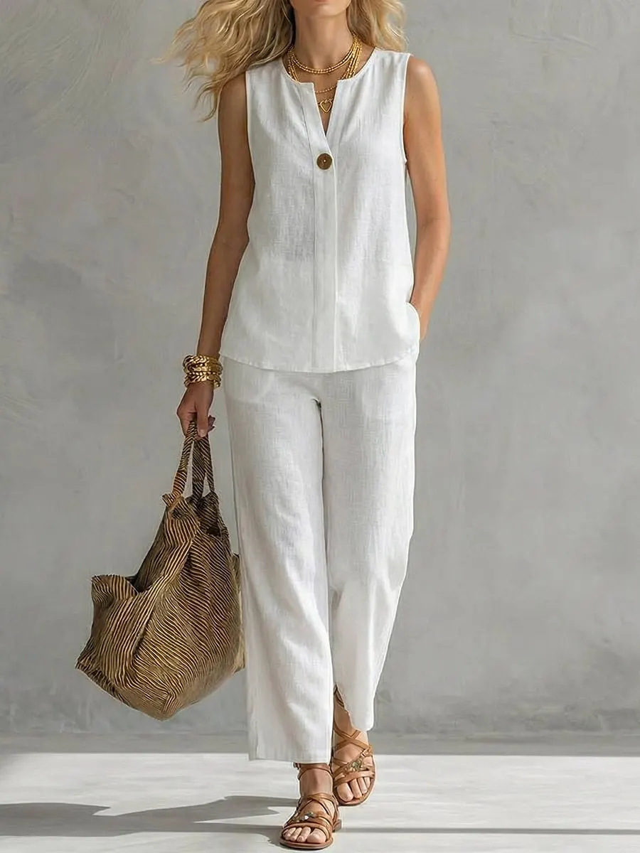 Linen Pant Wide - Single Button Sleeveless Linen 2 Piece