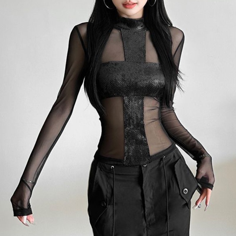 Blouse Off Shoulder - American Style Mesh Long Sleeved Bodysuit