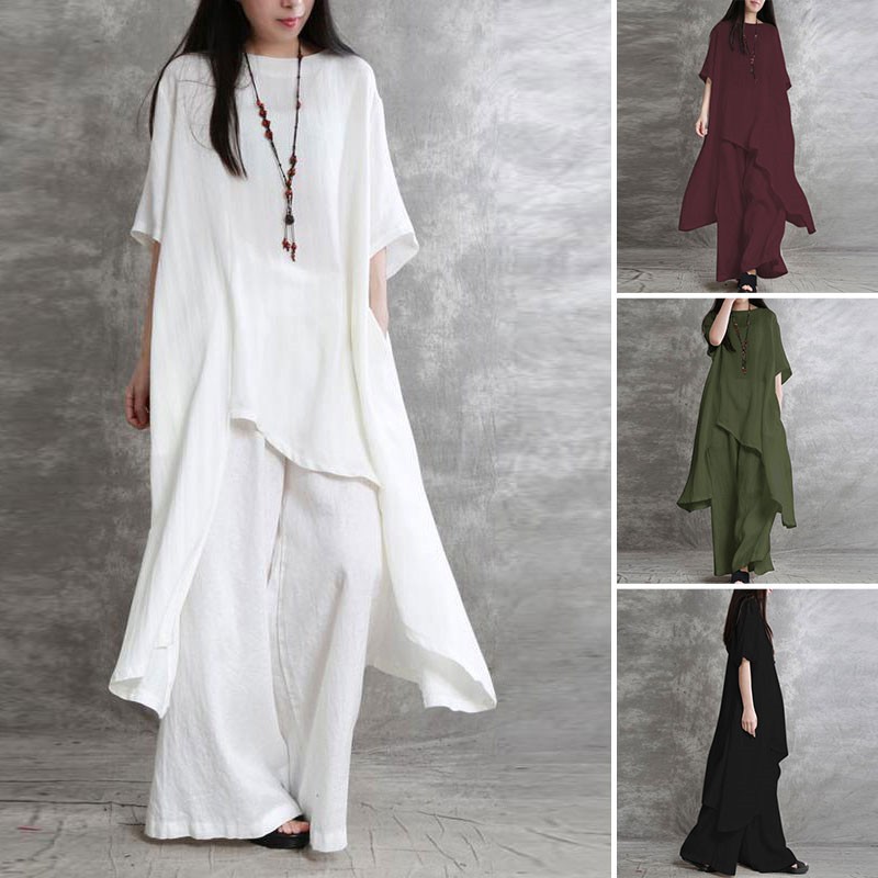 Linen Pant Wide - Women's Cotton Linen 2-piece Sets Large