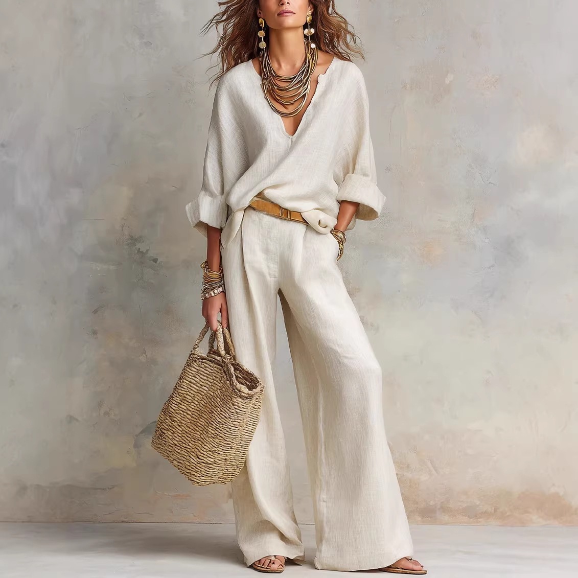 Linen Pant Wide - Vintage Women Simple Casual Pure Cotton
