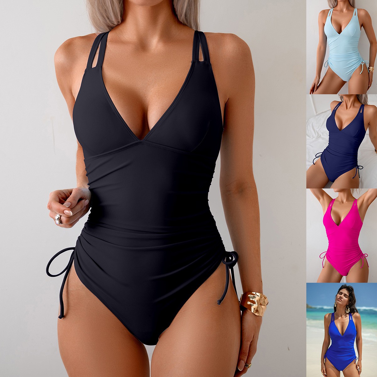Swimsuit Bikini Ruched - Solid Black Swimsuit V Neck Ruched