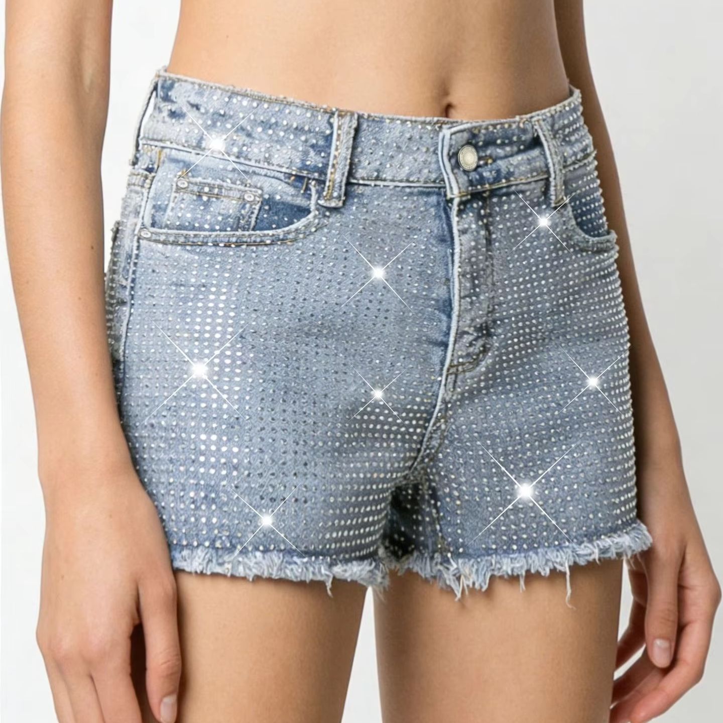 Shorts Denim Frayed - 2026 New Full-Bejeweled Elastic Blue Frayed