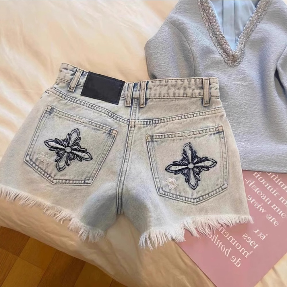 Shorts Denim Frayed - 2026 Summer Vintage Washed Embroidery Frayed