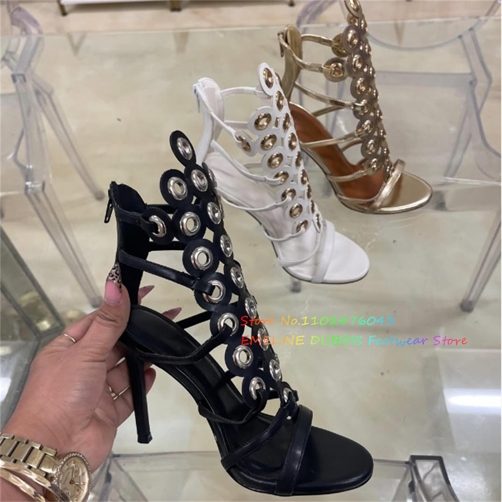 Sandal Strappy Heeled - Gold Metal Circle Decor High Heel