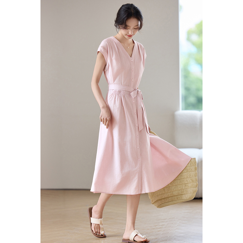 Linen Dress Wrap - SENTUBILA Women's Midi Pink Dresses Cotton