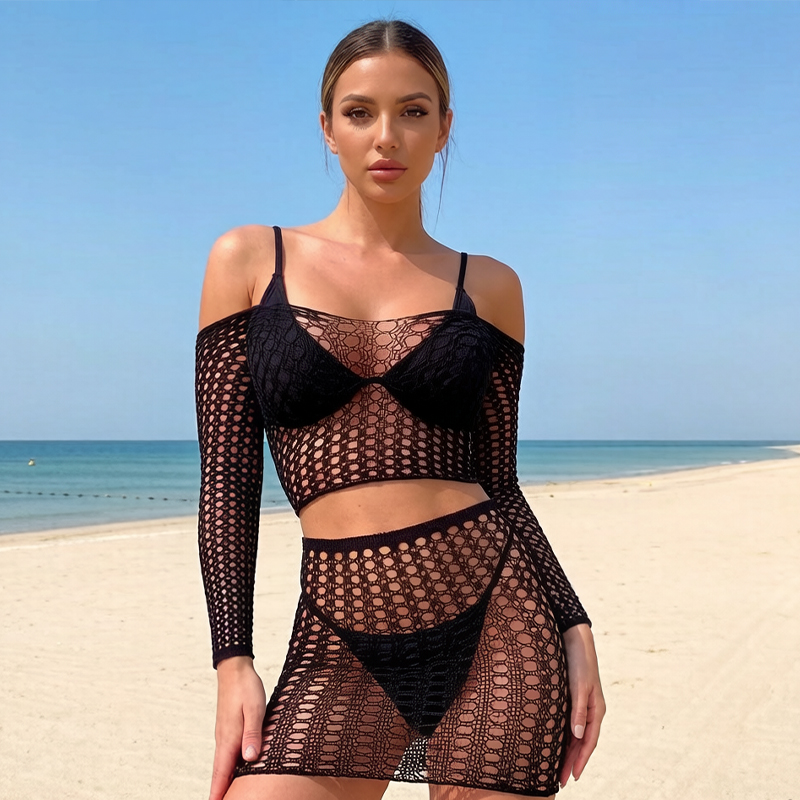 Cover Up Kaftan - 1 Set Women Long Sleeve See-Through