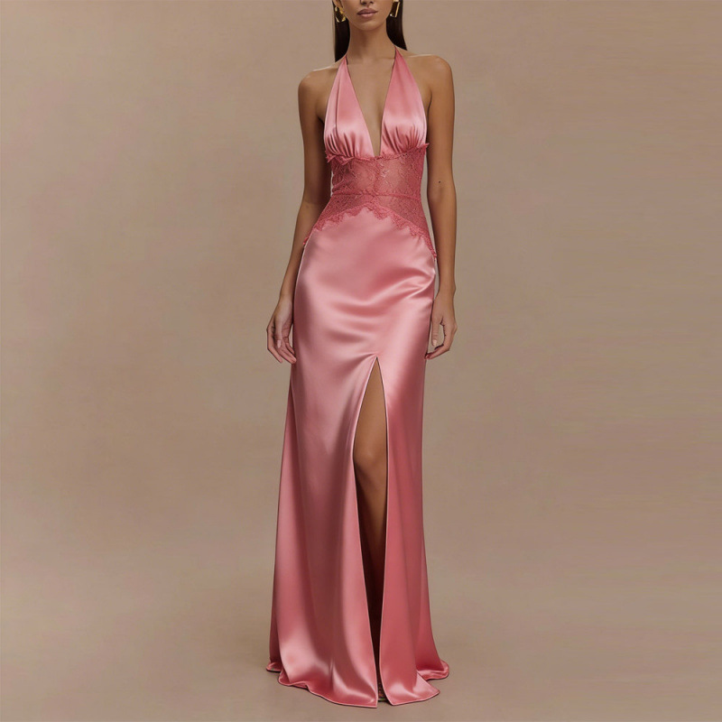 Maxi Dress Halter - Sexy Backless Halter Maxi Dress Pink