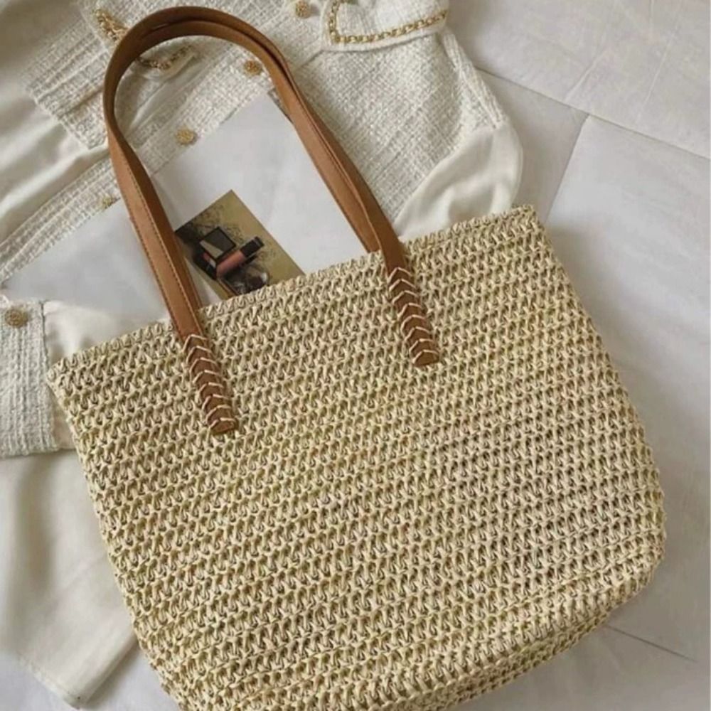 Tote Bag Beach - Cute Solid Color Weave Straw Tote
