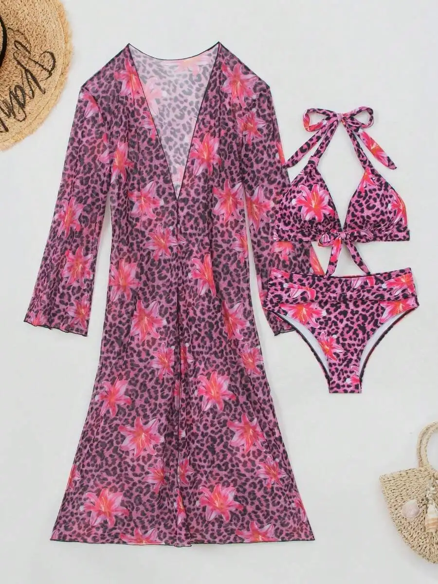 Kimono Sheer Floral - Womens 3-Piece Leopard Floral Print Bikini