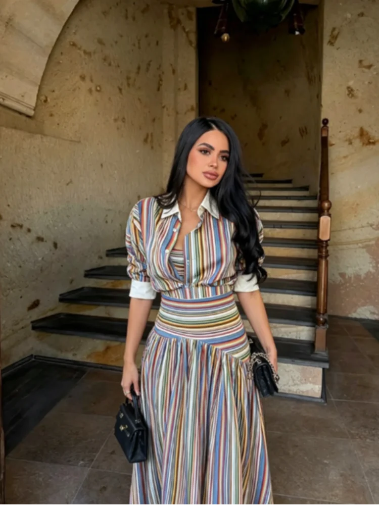 Maxi Dress Halter - Boho Colorful Stripe Shirt Maxi Dress