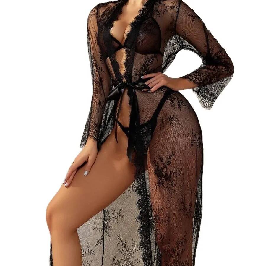 Black Lace Sheer Long Robe For - Kimono Sheer Floral ulasan dan harga