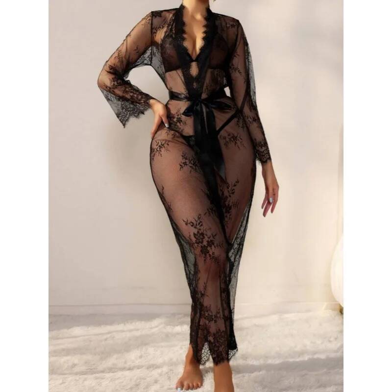 Black Lace Sheer Long Robe For - Kimono Sheer Floral ulasan dan harga