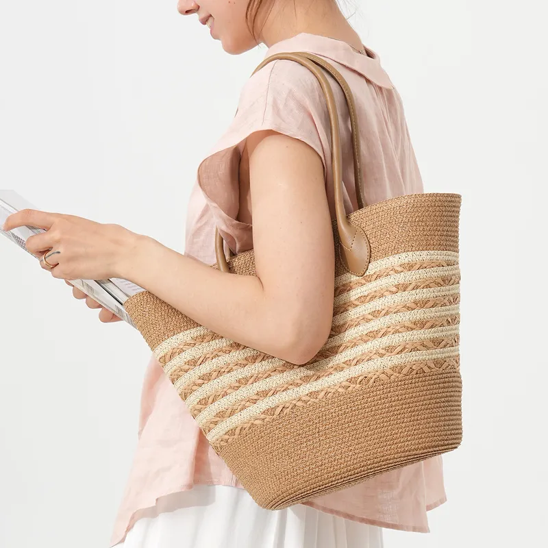 Striped Woven Straw Beach Tote - Tote Bag Beach ulasan dan harga