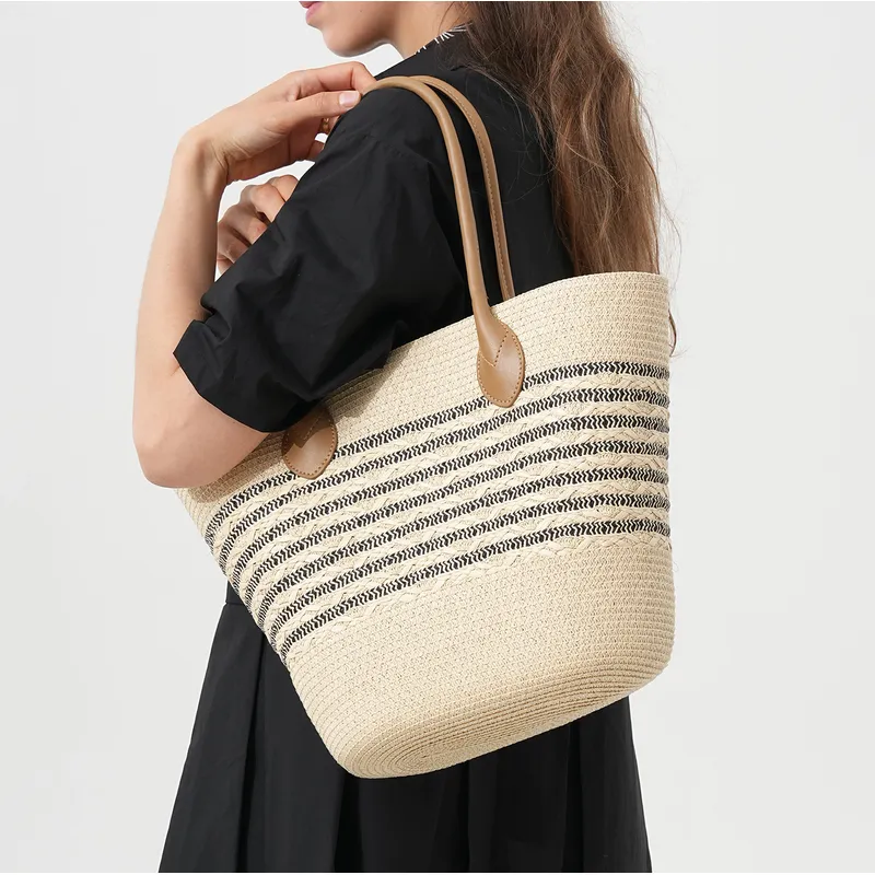 Striped Woven Straw Beach Tote - Tote Bag Beach ulasan dan harga