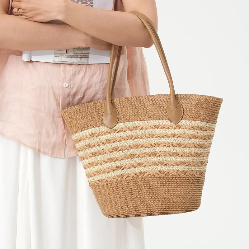 Striped Woven Straw Beach Tote - Tote Bag Beach ulasan dan harga