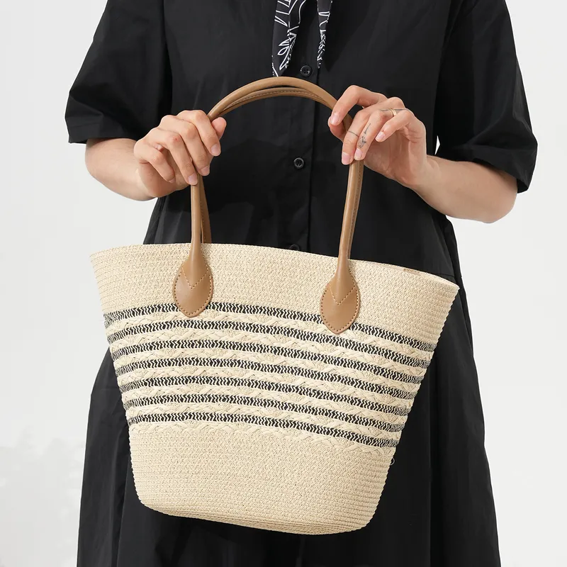 Striped Woven Straw Beach Tote - Tote Bag Beach ulasan dan harga