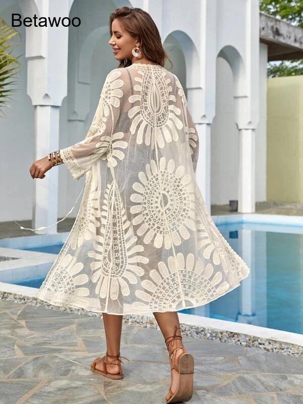 Women White Boho Floral Hollow - Kimono Sheer Floral ulasan dan harga