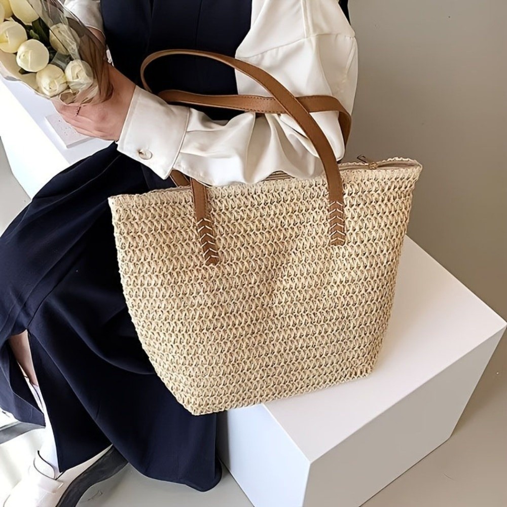 Fashion Solid Color Weave Stra - Tote Bag Beach ulasan dan harga