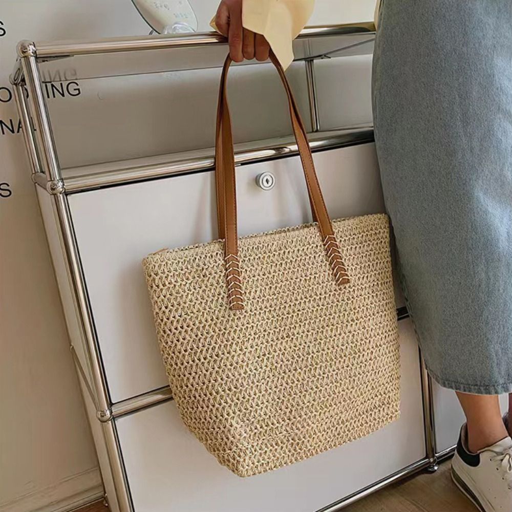 Fashion Solid Color Weave Stra - Tote Bag Beach ulasan dan harga