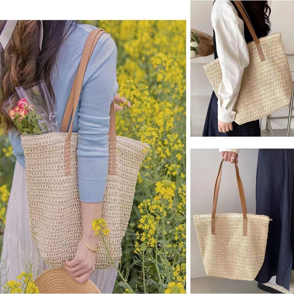 Fashion Solid Color Weave Stra - Tote Bag Beach ulasan dan harga