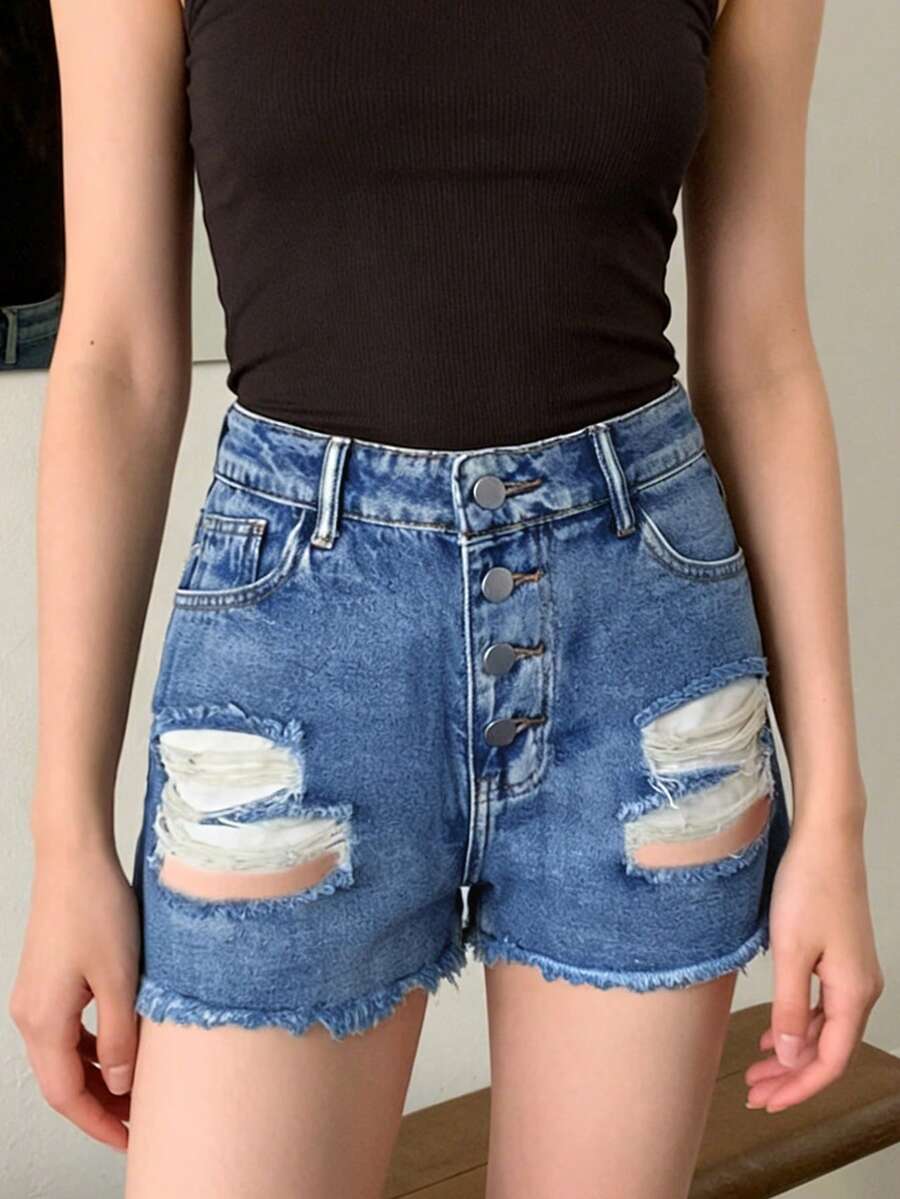 Womens Mid-Rise Distressed Fra - Shorts Denim Frayed ulasan dan harga