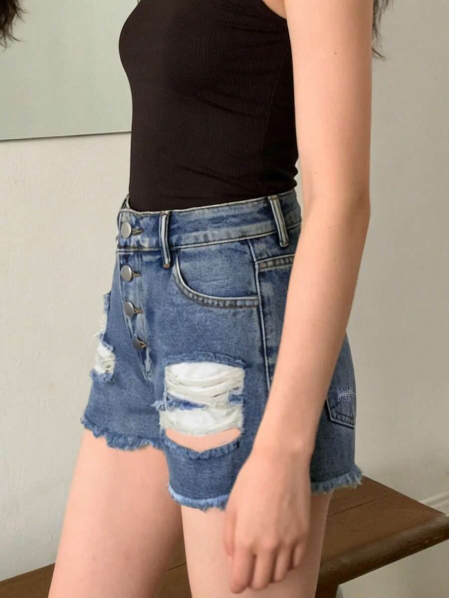 Womens Mid-Rise Distressed Fra - Shorts Denim Frayed ulasan dan harga