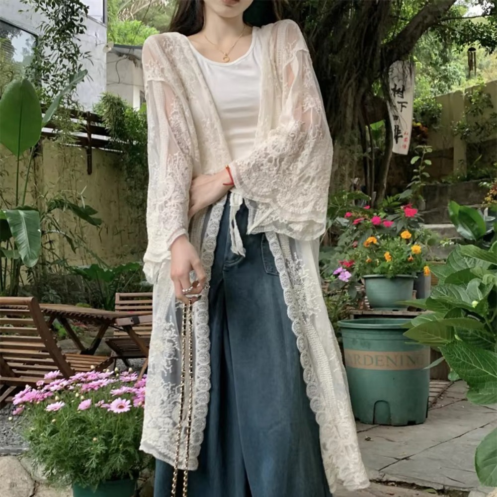 Lightweight Lace-Up Lace Blous - Kimono Sheer Floral ulasan dan harga