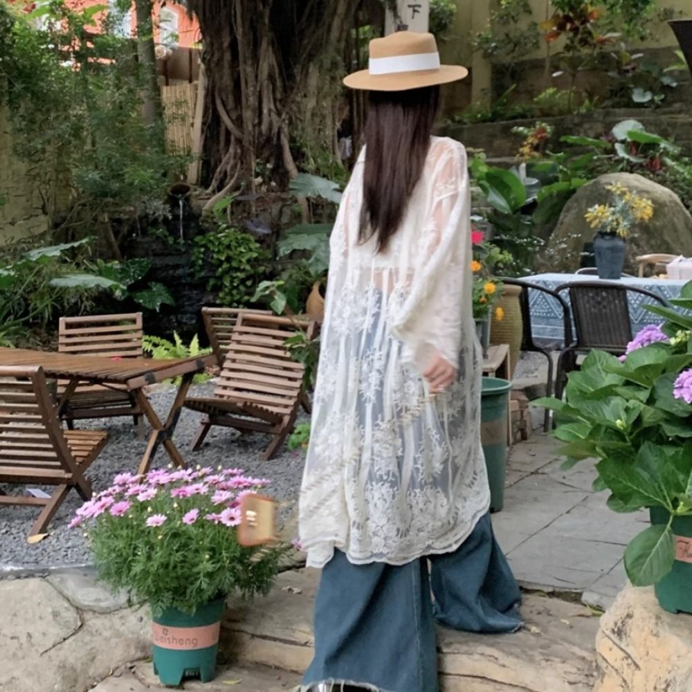 Lightweight Lace-Up Lace Blous - Kimono Sheer Floral ulasan dan harga