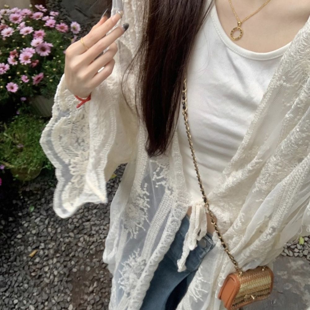 Lightweight Lace-Up Lace Blous - Kimono Sheer Floral ulasan dan harga