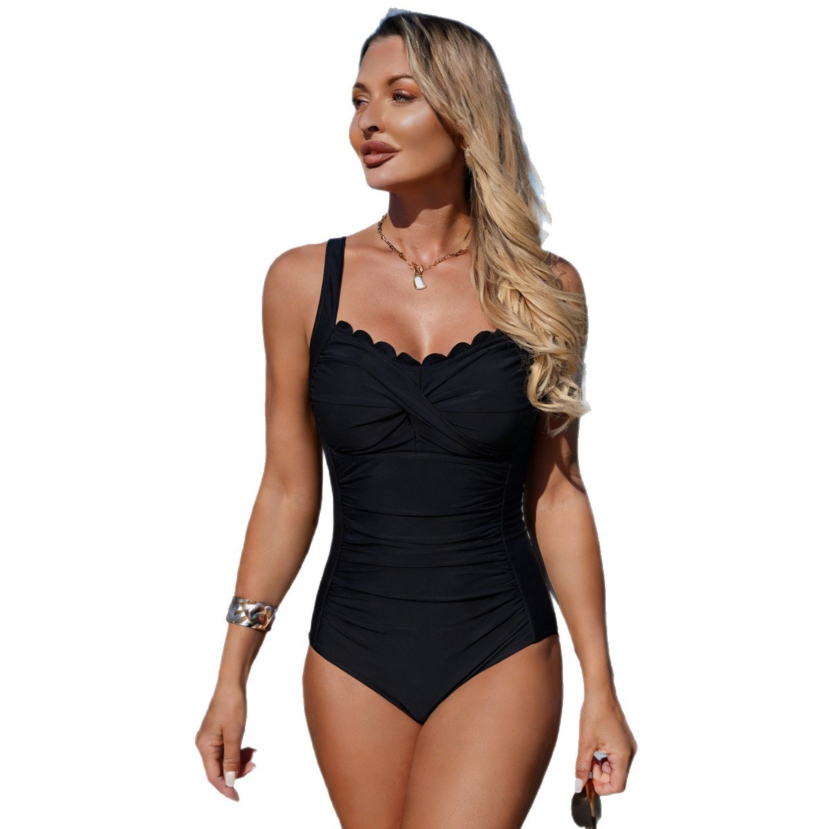 Black Swimsuit Scalloped Neckl - Swimsuit Bikini Ruched ulasan dan harga