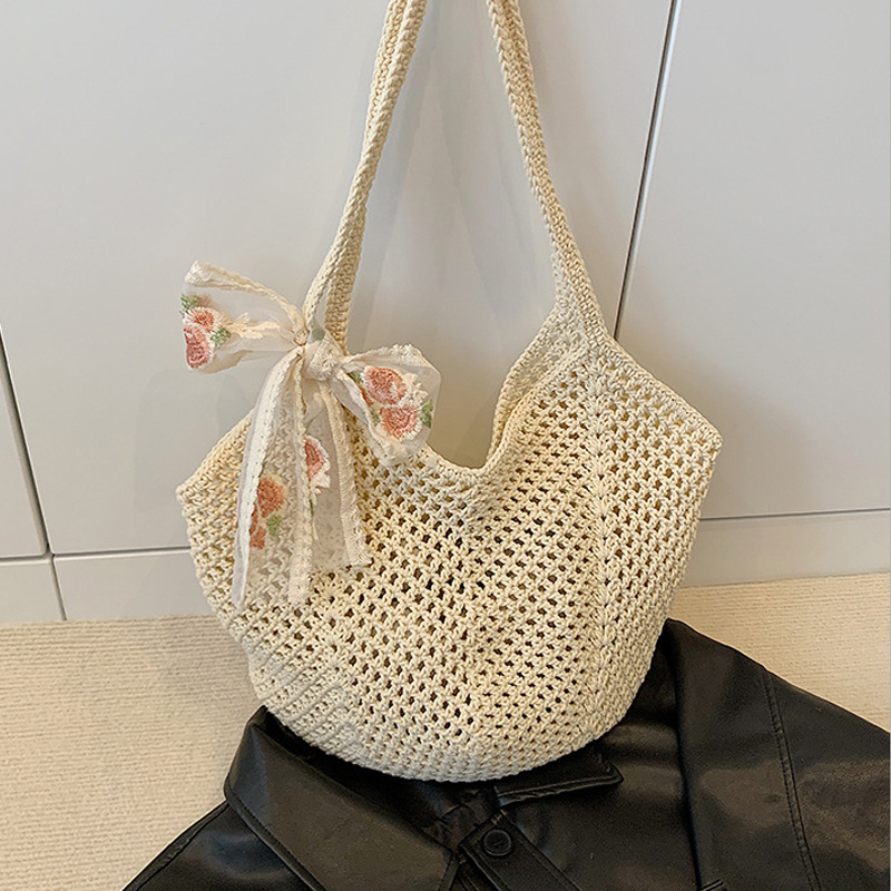 Summer Lace Bow Tote Bags Wome - Crochet Bag Raffia ulasan dan harga
