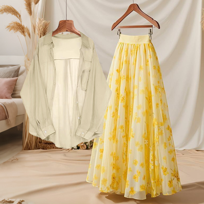 Summer Outfit Set Loose Slimmi - Midi Skirt Floral ulasan dan harga