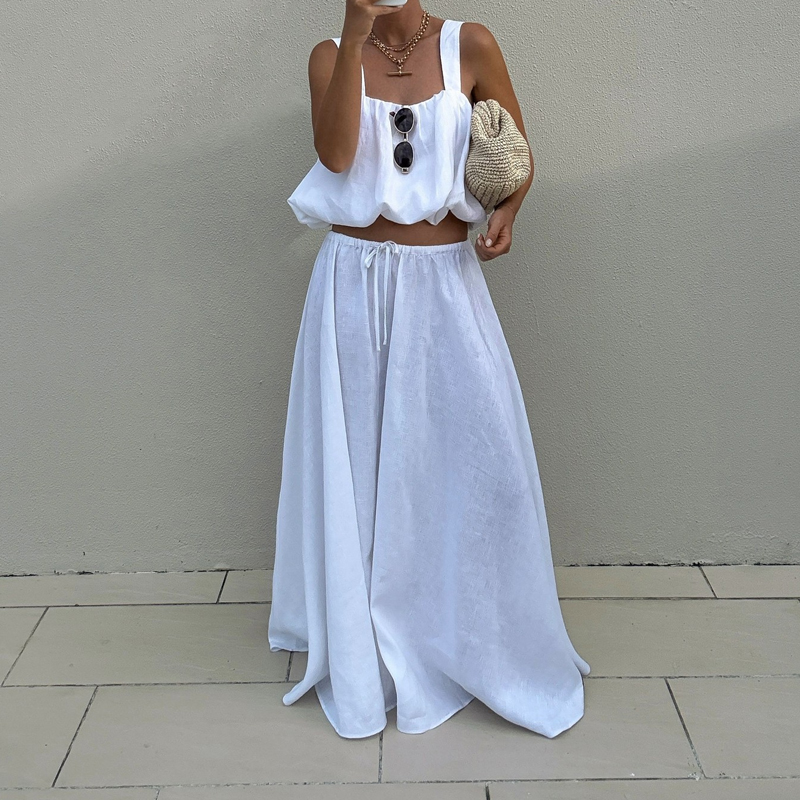 Women Elegant Sleeveless Solid - Linen Pant Wide ulasan dan harga