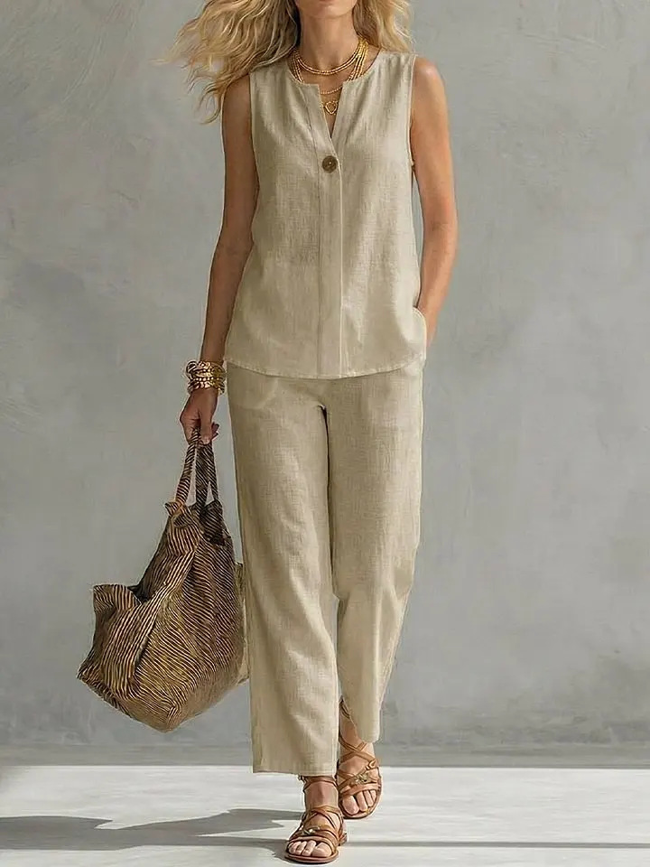 Single Button Sleeveless Linen - Linen Pant Wide ulasan dan harga