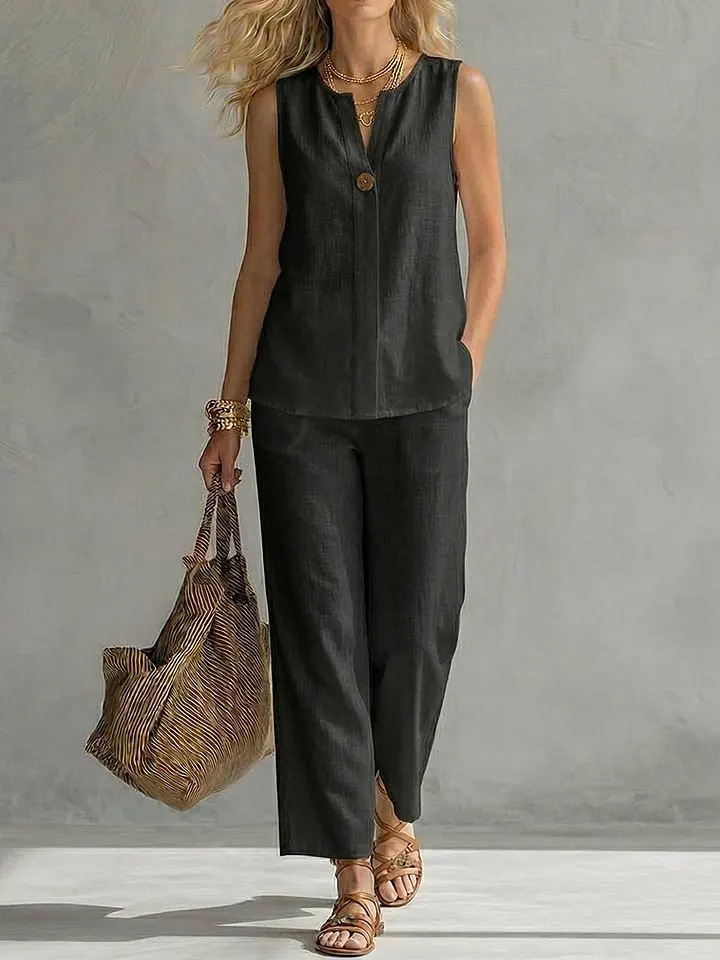 Single Button Sleeveless Linen - Linen Pant Wide ulasan dan harga