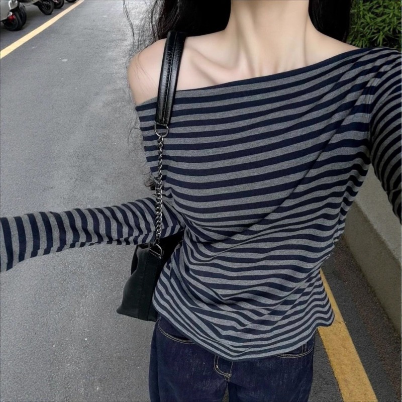 Women Vintage Striped Off Shou - Blouse Off Shoulder ulasan dan harga