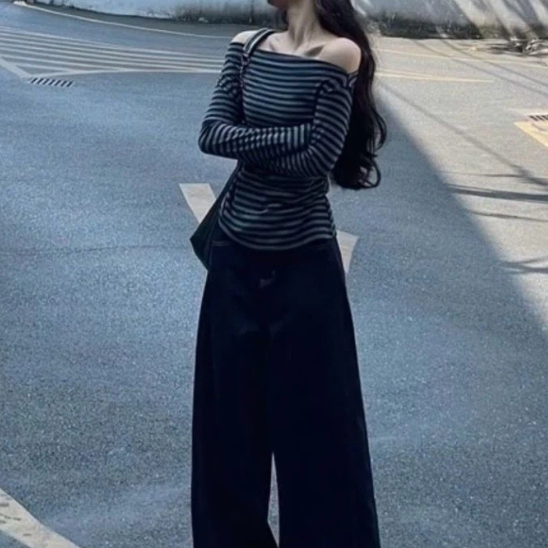 Women Vintage Striped Off Shou - Blouse Off Shoulder ulasan dan harga
