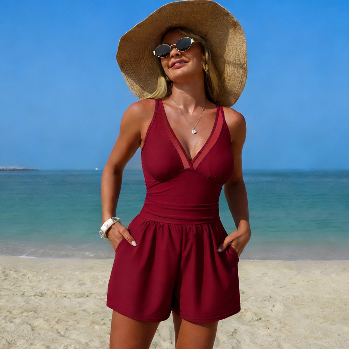Black Solid Color Sleeveless V - Swimsuit Bikini Ruched ulasan dan harga