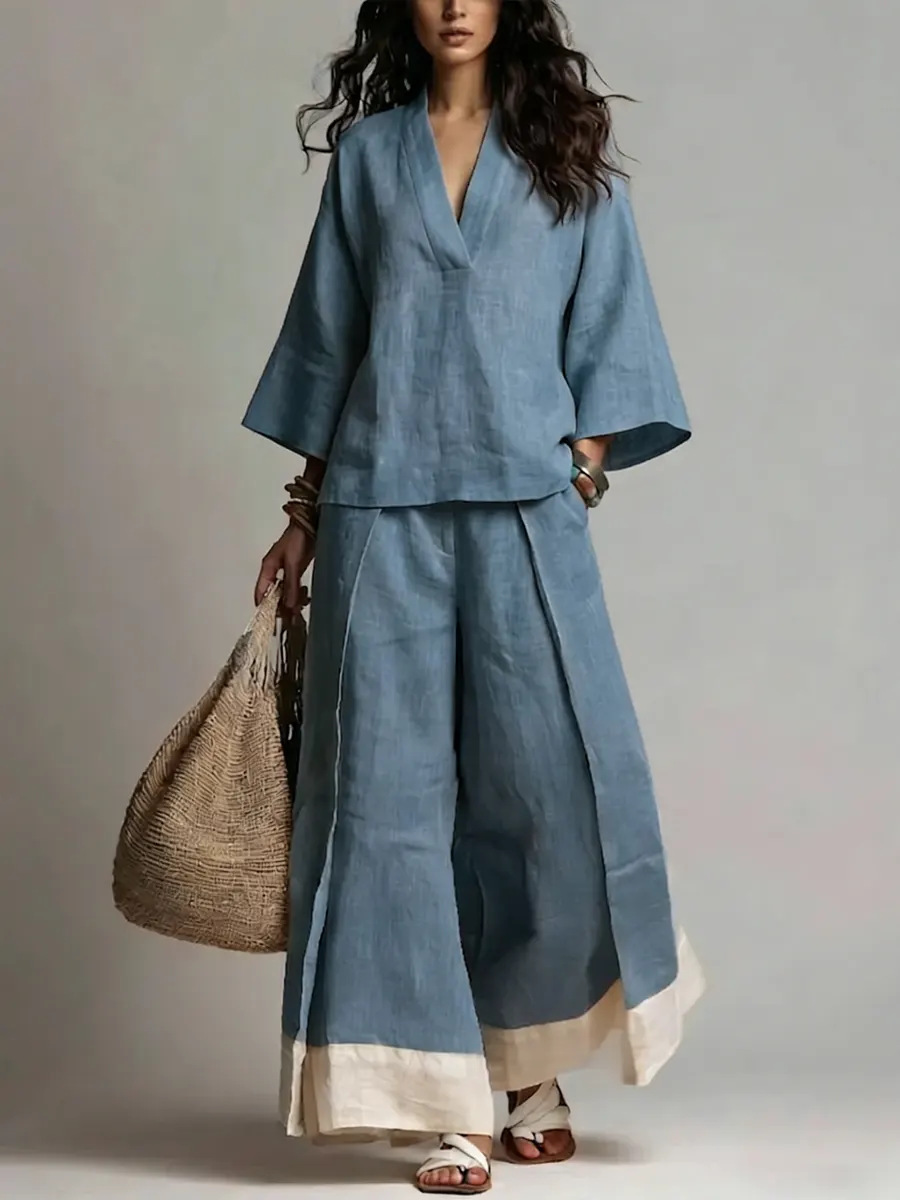 Summer Women V-neck Cotton Lin - Linen Pant Wide ulasan dan harga
