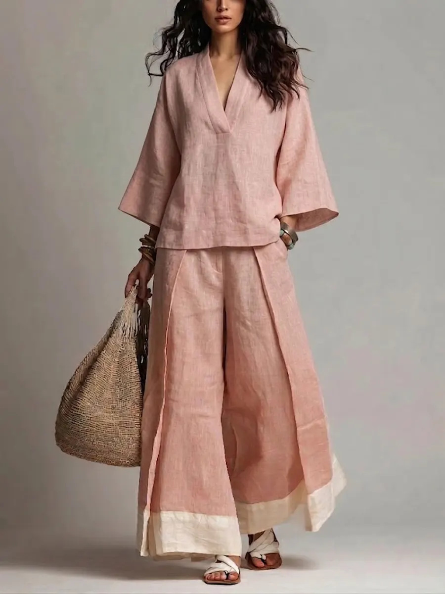 Summer Women V-neck Cotton Lin - Linen Pant Wide ulasan dan harga