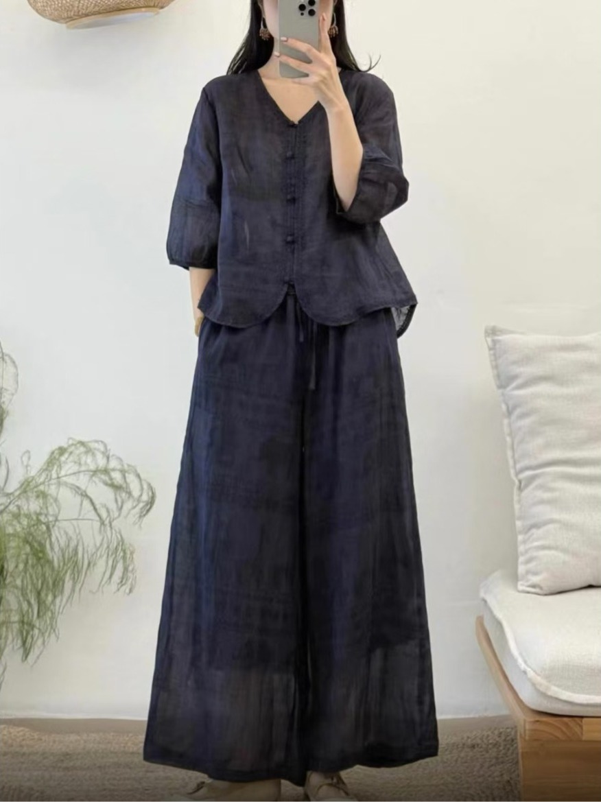 Retro Artistic Print Linen Wid - Linen Pant Wide ulasan dan harga