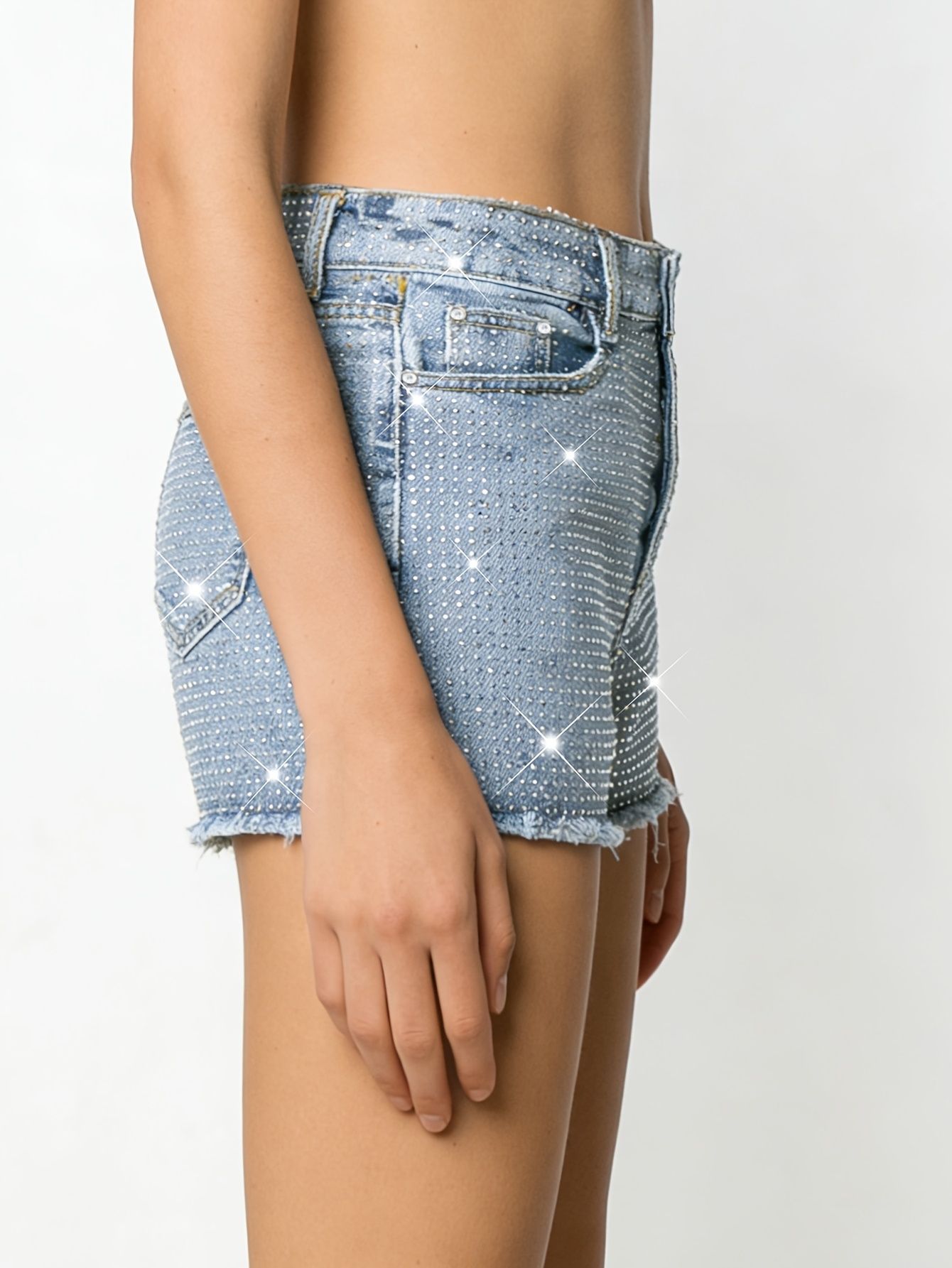 2026 New Full-Bejeweled Elasti - Shorts Denim Frayed ulasan dan harga