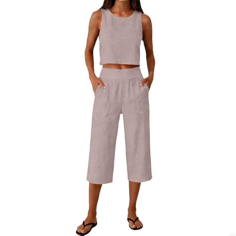 77HE Women's 2 Piece Outfits S - Linen Pant Wide ulasan dan harga